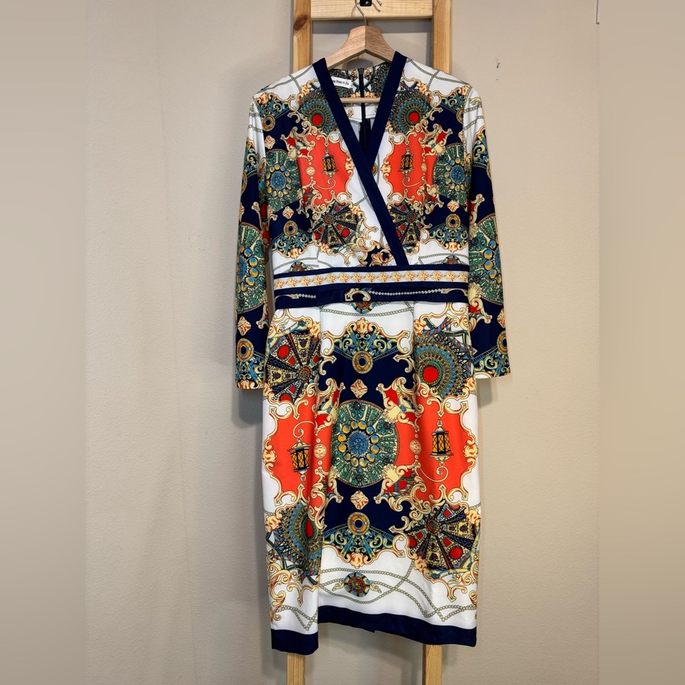 Medallion Print Long Sleeve Wrap-Style Dress - Navy, Coral & White